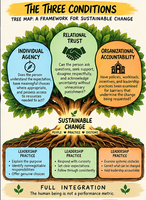 Tree Map: The Three Conditions. Individual agency, relational trust, and organizational accountability support sustainable change, grounded in people, practice, and systems.